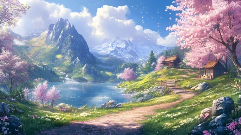 Idyllic alpine lake valley with cherry blossoms and wooden cabins