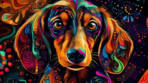 Vibrant dachshund portrait in swirling neon vector abstraction.