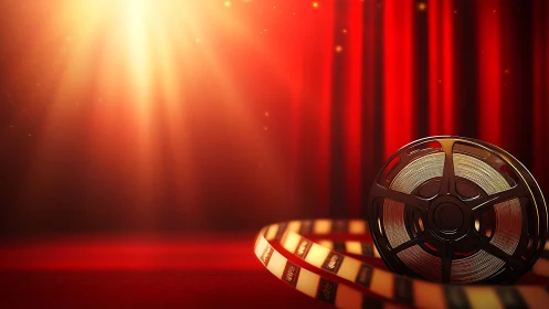 Cinematic film reel against red stage curtains in bokeh glow.