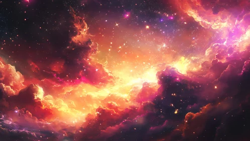 Radiant cosmic clouds glow softly across a dreamlike sky