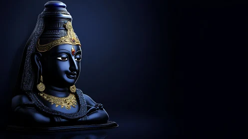Divine blue deity bust glows with ornate golden jewelry.