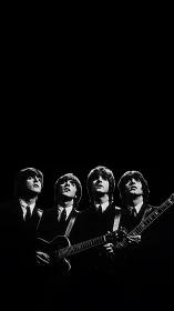 Timeless quartet under stage lights in crisp monochrome.