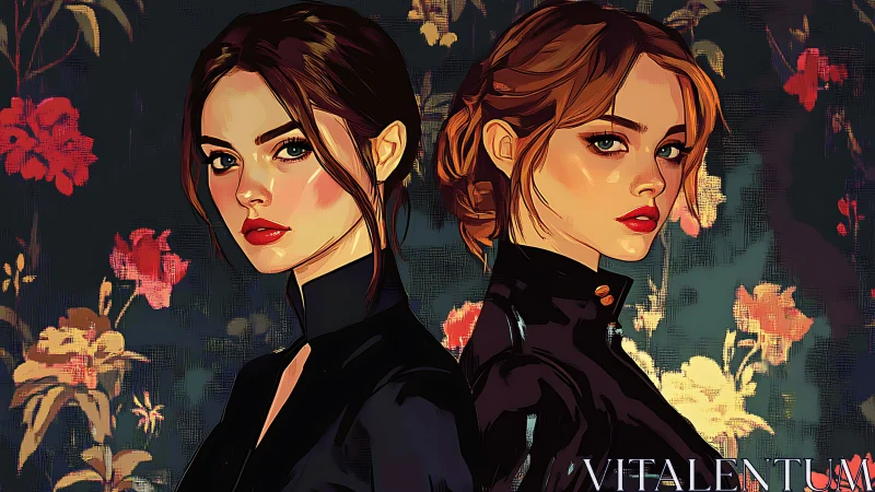 Digital painting portrait of twin women with floral backdrop.