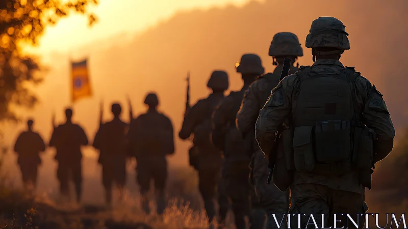 Soldiers march through golden sunrise haze on patrol