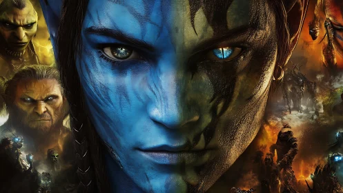 Split blue warrior portrait with fantasy battle montage.