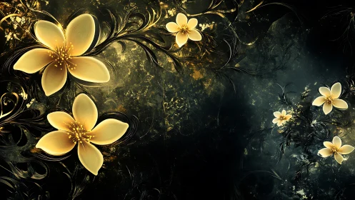 Golden luminous flowers on dark abstract swirling background.