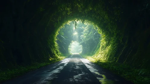 Sunlit forest tunnel road leads into a misty green horizon