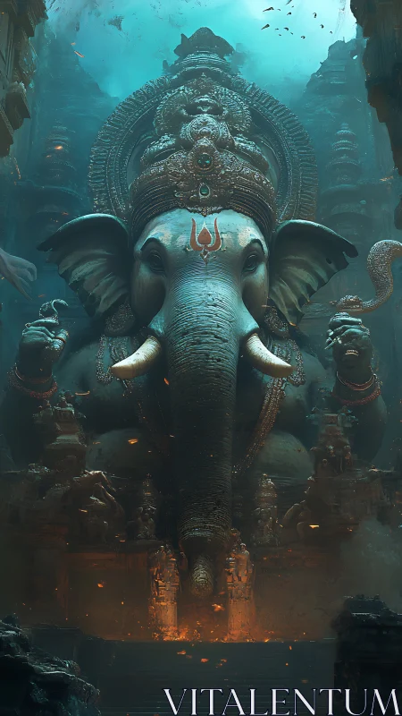 Elephant-headed stone deity stands within submerged temple chamber