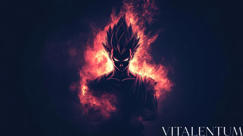 Silhouetted spiky haired warrior framed by fiery aura glow.