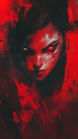 Digital painting portrait in red with intense central gaze.