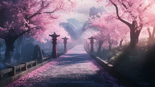 Stone walkway under cherry blossoms with misty mountain vista