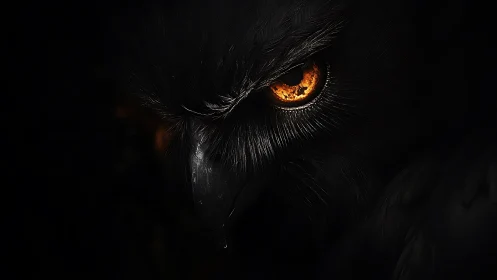 Predatory owl eye burns through dense surrounding darkness