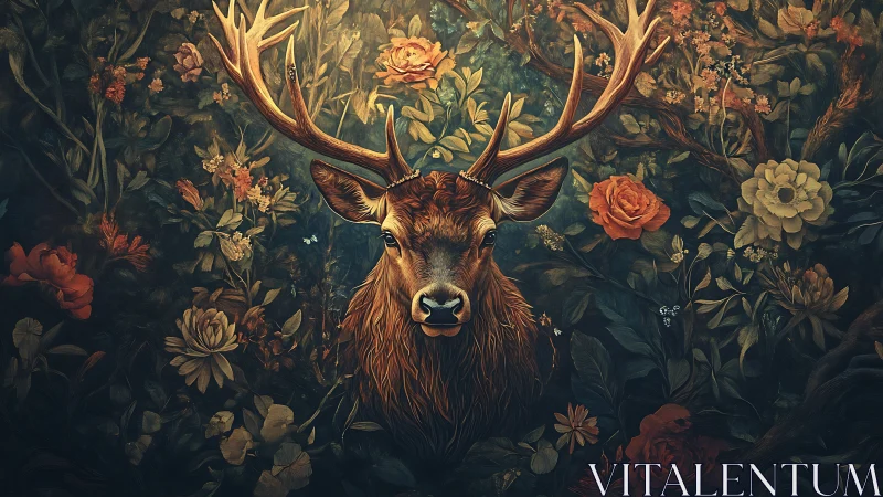 Majestic stag portrait framed by dense baroque florals
