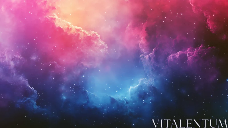 Color-swept cosmic nebula glows in pink, blue, and gold.