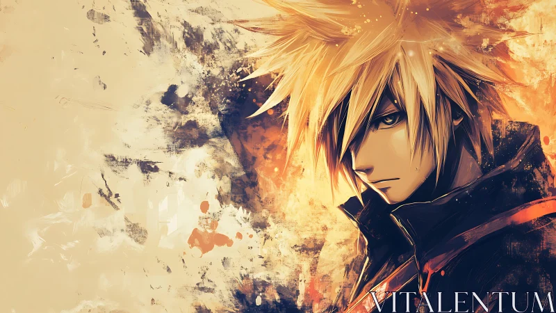 Digital painting portrait with grunge abstraction and warm contrast.