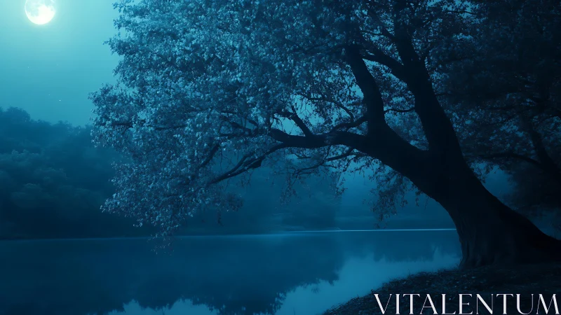 Blue moonlit lakeshore tree with reflective still water