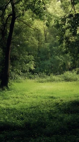 Forest clearing with dense tree coverage and layered foliage