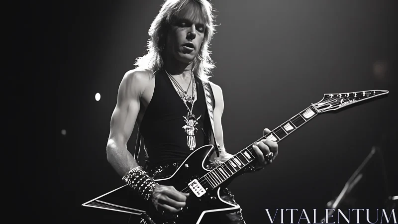 Leatherclad shredder bends light on star-shaped guitar.