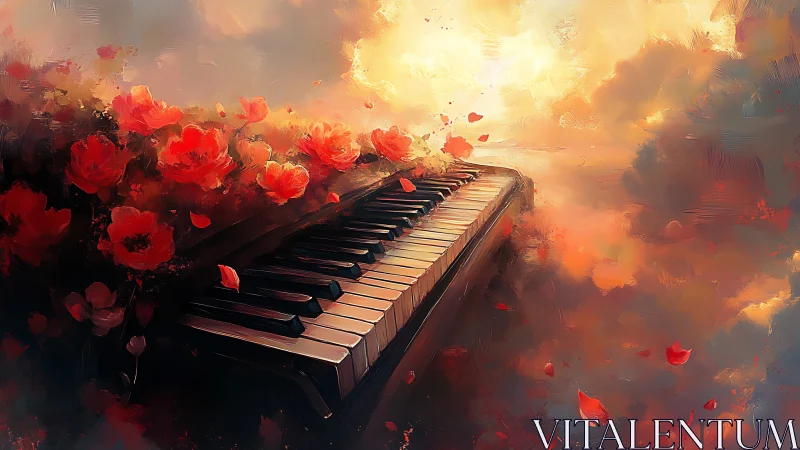 Piano keys surrounded by red flowers in warm diffuse light.