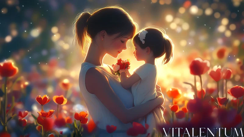 Mother's Warmth Blooms: Golden Hour Grace Among Coral Flowers.