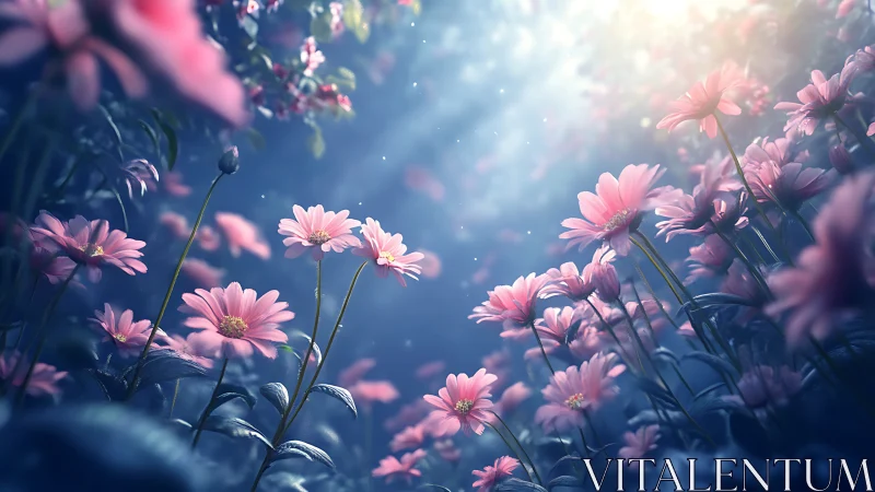 Ethereal Pink Gerbera Daisies: Luminous Garden with Depth of Field Rendering
