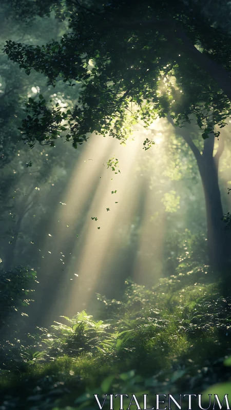 Sunlit forest clearing with volumetric god rays and foliage.