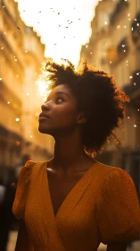 Sunlit city portrait of woman in warm golden glow.