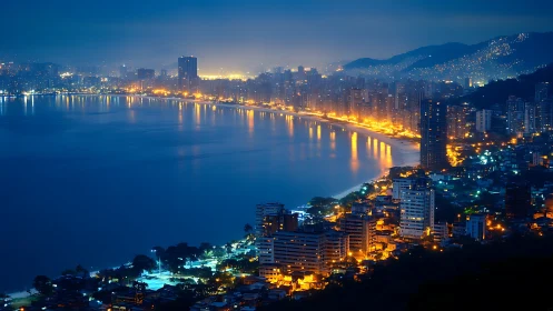 Coastal high rise city skyline at night with illuminated shoreline.