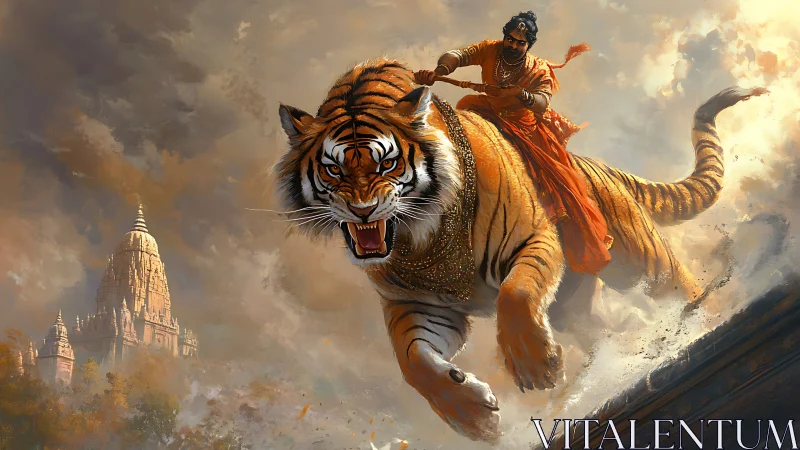 Dynamic warrior on armored tiger in mythic digital painting.