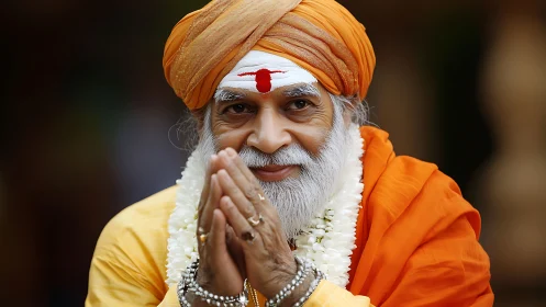 Smiling Hindu elder in orange robes with folded hands.