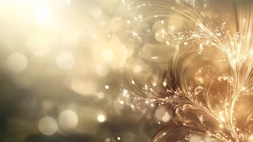 Golden fractal light plumes curve across soft bokeh field