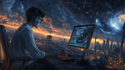 Futuristic coder monitors cosmic cityscape at dusk.