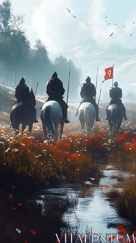 Medieval riders crossing misty wetland under red war banner