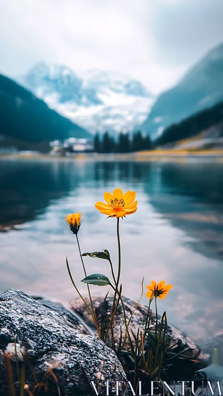 Single yellow wildflower stands by alpine lake and mountains