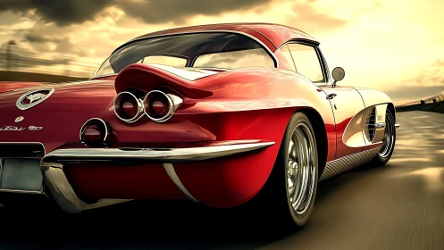 Sleek classic red sports car glides confidently into sunset roads