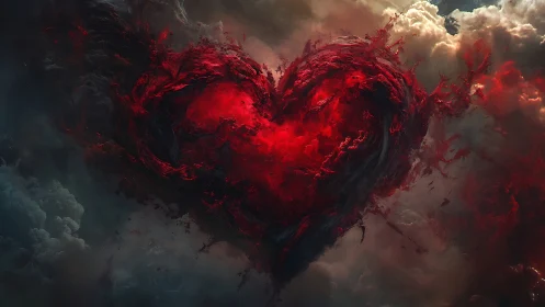 Glowing Red Heart Emerging from Stormy Clouds
