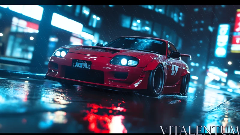 Neon-soaked drift car render on rain-slicked city street at night.