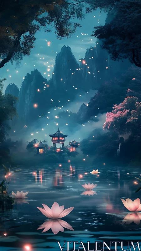 Mystic lakeside pagodas under glowing night sky lights.