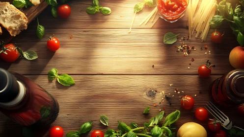 Rustic pasta ingredients on wooden kitchen table surface.