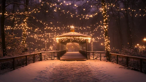 Snowy gazebo walkway under warm festive string lights.