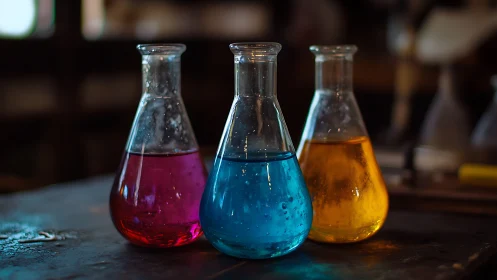 Colored Erlenmeyer flasks align on lab bench under shallow depth