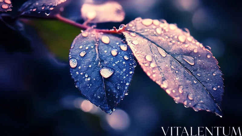 Close view records water droplets on two backlit leaves