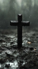 Rain-soaked graveyard cross quietly anchors the storm