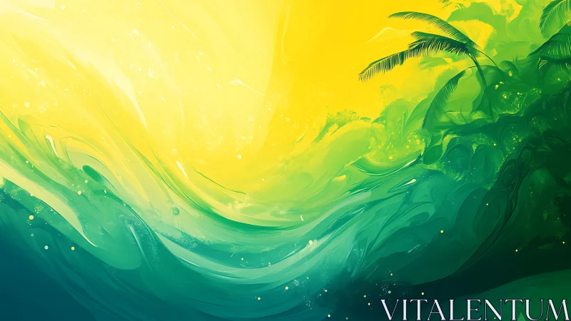 Tropical light swell in abstract emerald and gold waves.