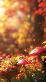 Mushrooms occupy a shallow depth-of-field forest clearing