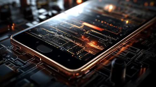 Smartphone surface merges with luminous circuit grid.