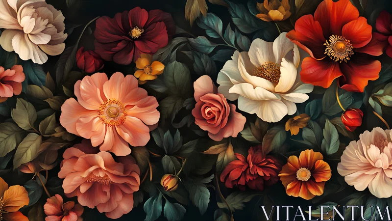 Polychrmatic floral arrangement with warm tones against dark background.