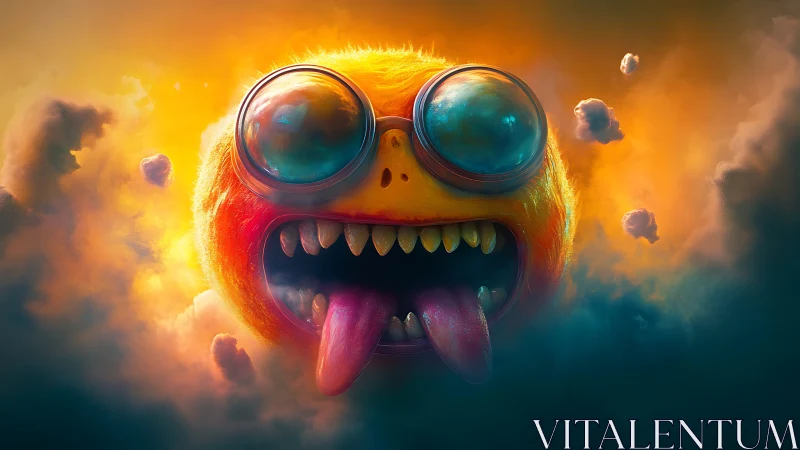 Volumetric cloud-creature sphere with reflective goggles roaring.