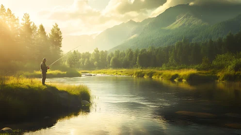 Backlit angler on reflective river in soft golden hour haze