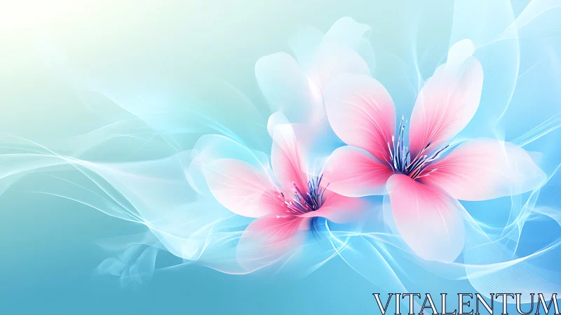 Digital illustration of pink flowers on blue abstract background.